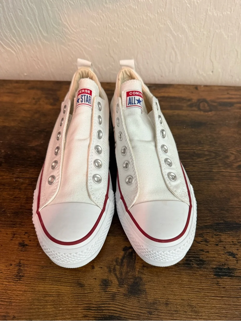 Converse White Slip-On Low Top Sneakers with Red & Navy Trim - Picture 2 of 5